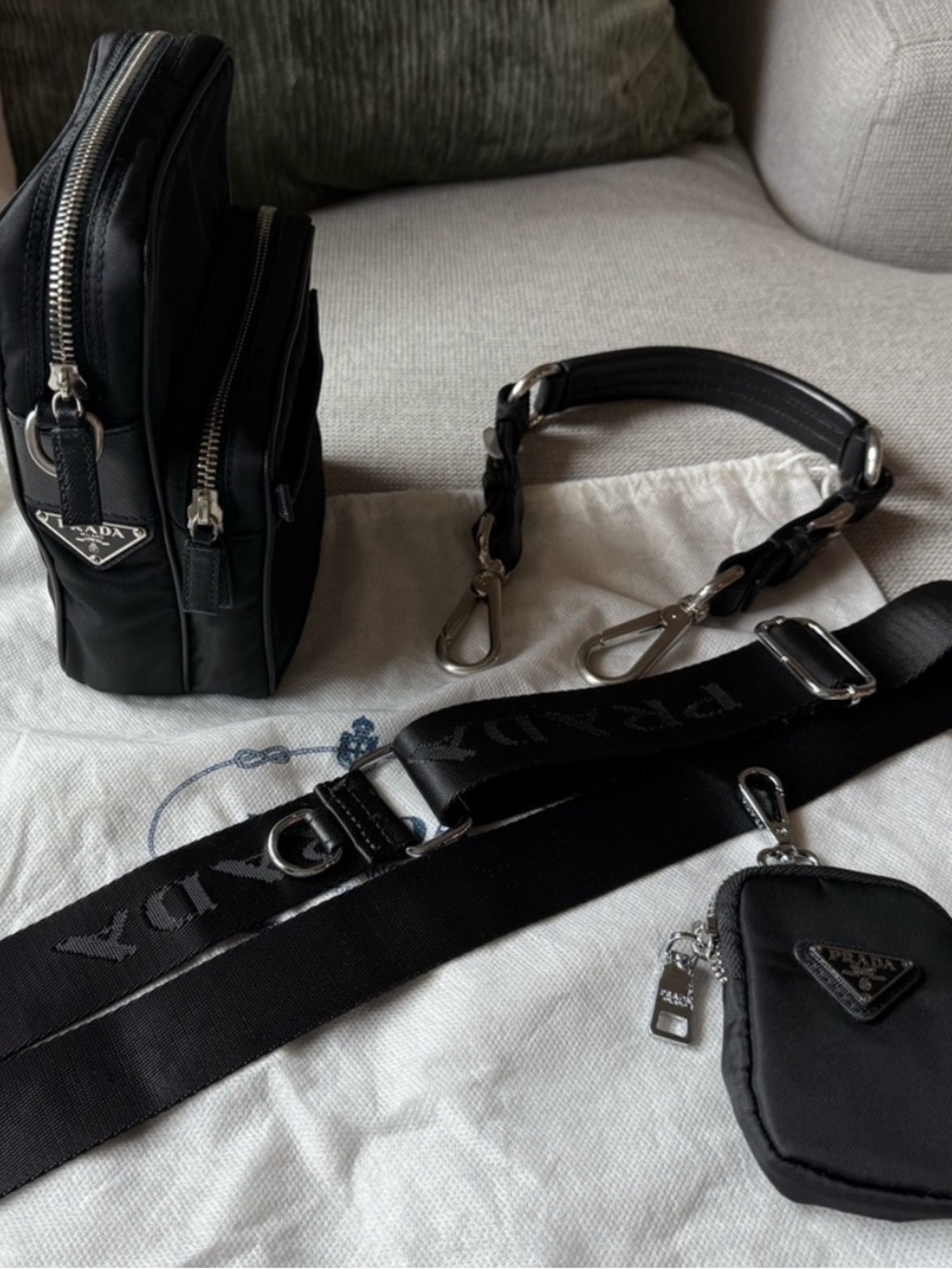 Prada Tessuto Black Crossbody Messenger Bag + Leather Shoulder Strap & Pouch - Picture 1 of 11